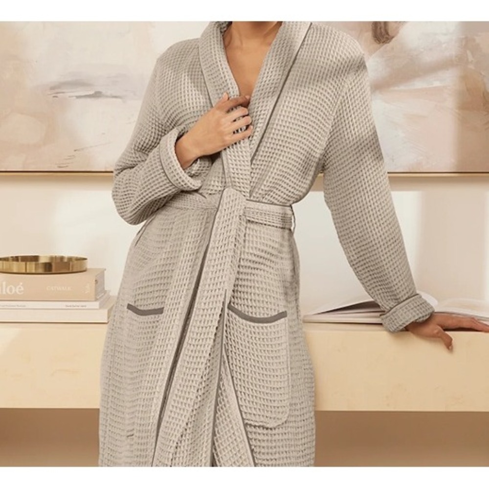 Boll & Branch Waffle Robe Stone Organic Cotton Spa Bathrobe Lounge Luxury Medium